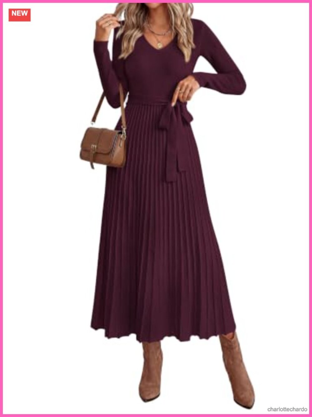 Women's Long Sleeve Sweater Maxi Dress Bow Waist A-Line Knit